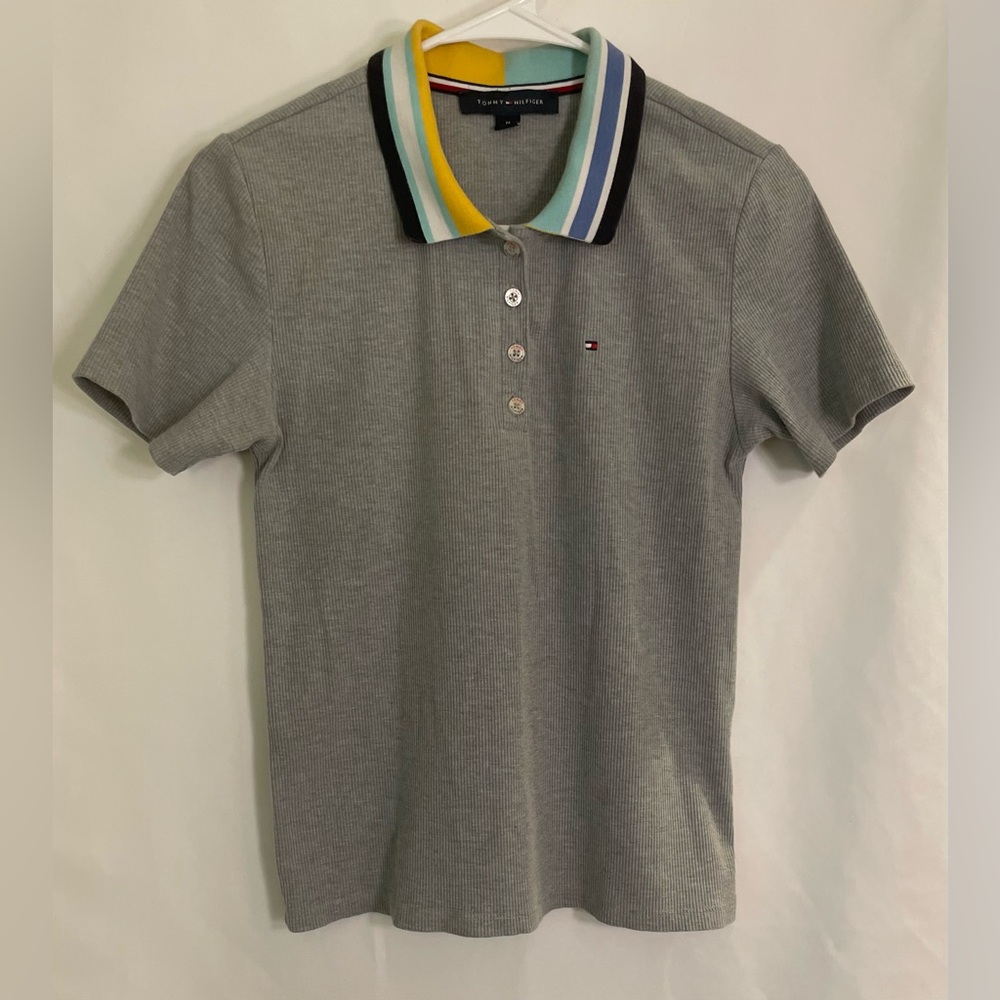 Tommy Hilfiger Gray Polo with Colorful Striped Collar Medium